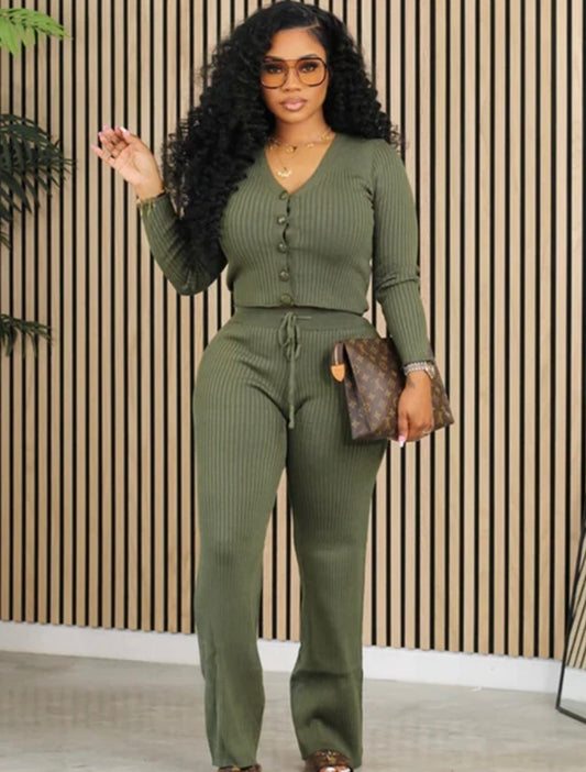 Army Green Knitted Ribbed 2 Piece Set